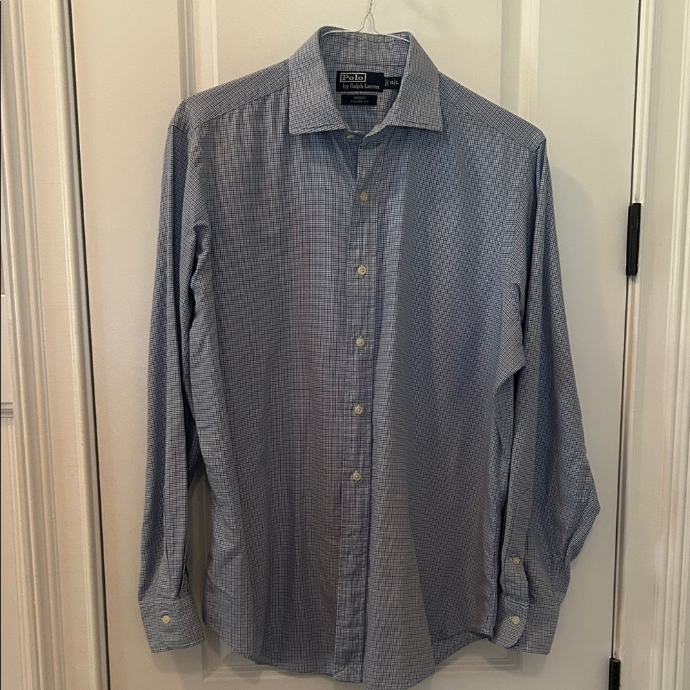 Polo by Ralph Lauren Men's Light Blue Patterned Dress Shirt